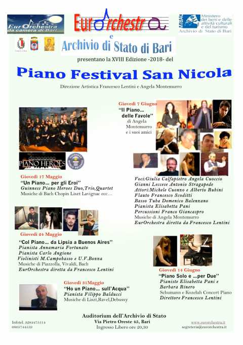 Bari, Archivio di Stato: programma del Pianofestival San Nicola